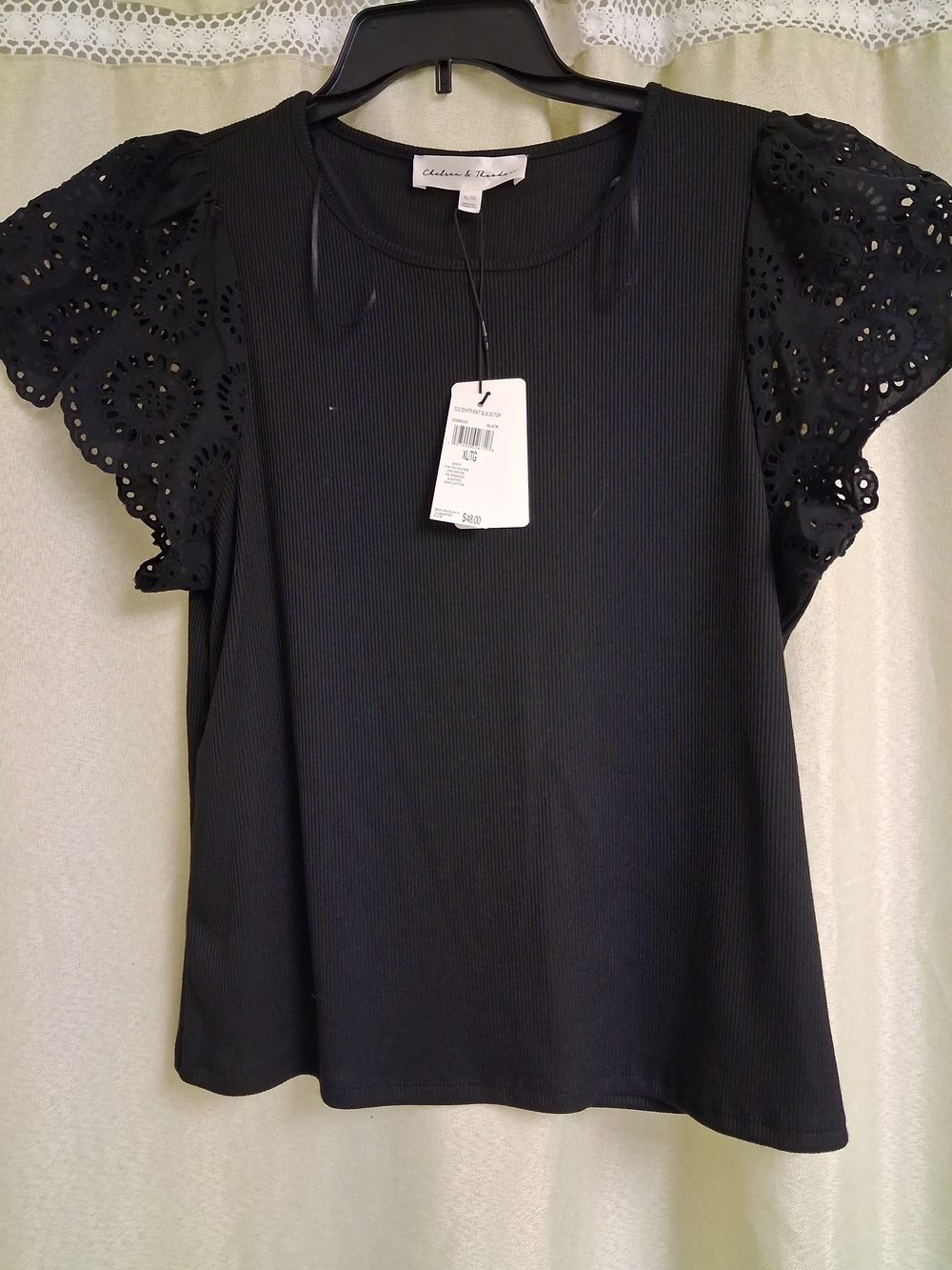 Chelsea & Theodore Black Ribbed Top with Eyelet Puff Sleeves